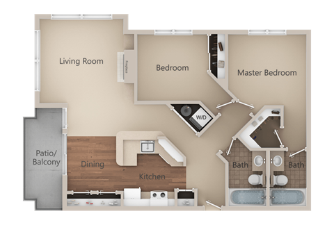 Floor plan for 2 beds, 2 baths, 996 sqft